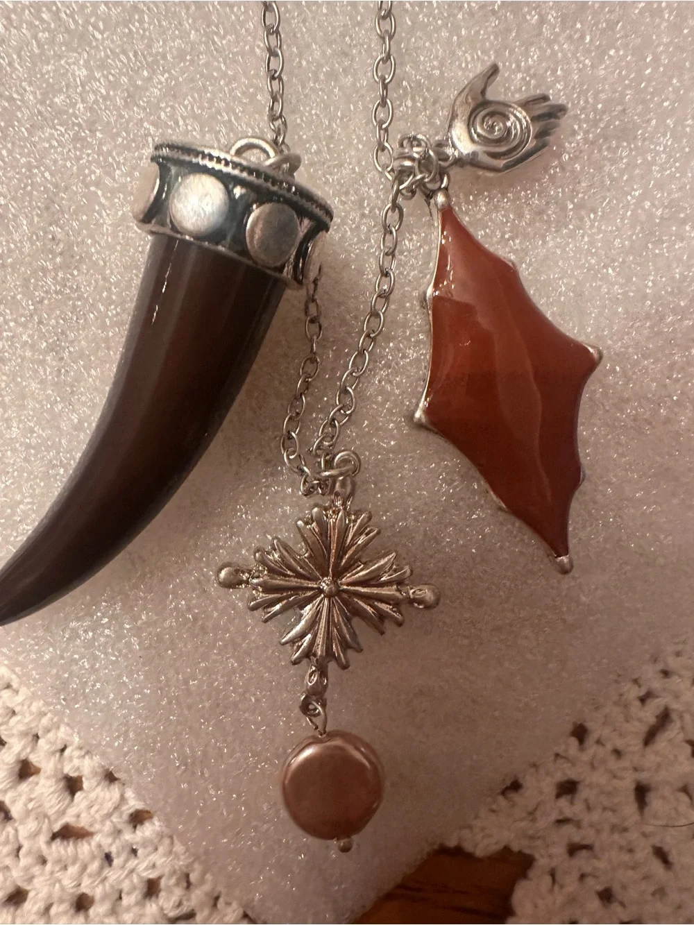 Free People Zella Silver Tone Layered Necklace with Brown Horn and Red Charm NWT